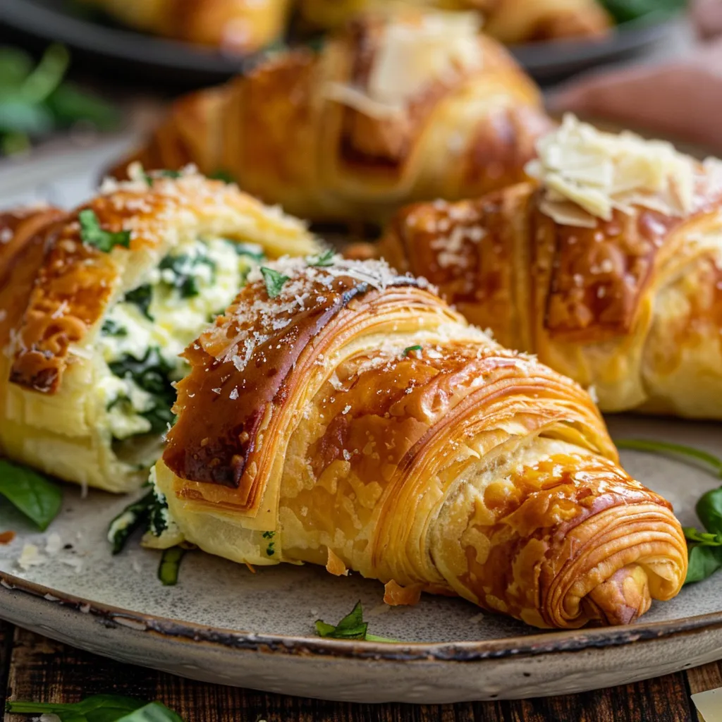 Close-up of a flaky croissant filled with spinach and cheese, with a golden-brown crust.