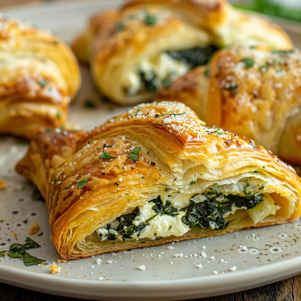 Side view of a delicious spinach and cheese croissant, highlighting its layered texture.