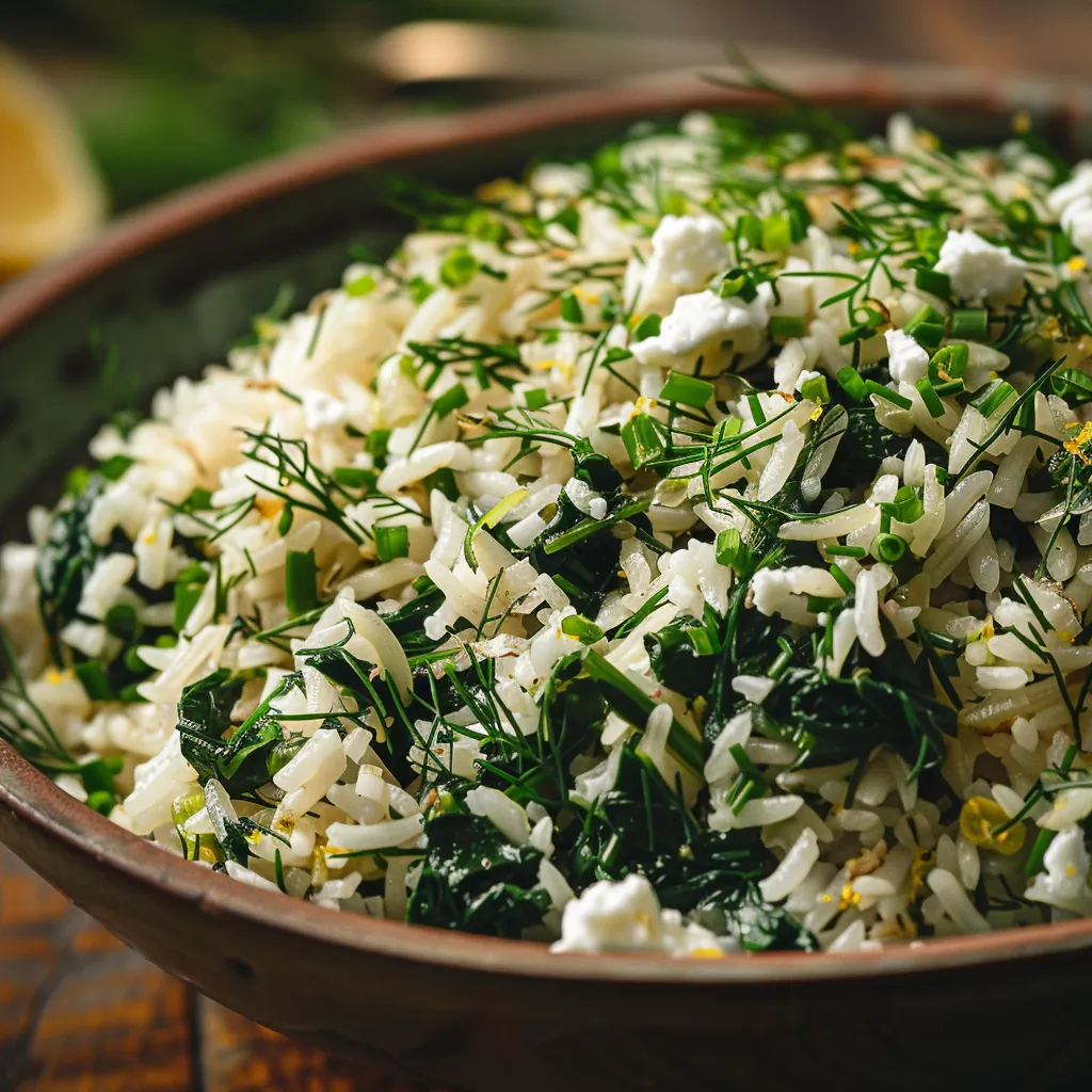 Close-up view of a bowl of riz aux épinards with fresh spinach and herbs.