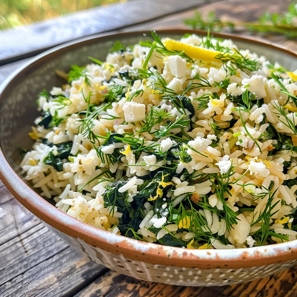Side view of delicious riz aux épinards garnished with feta.