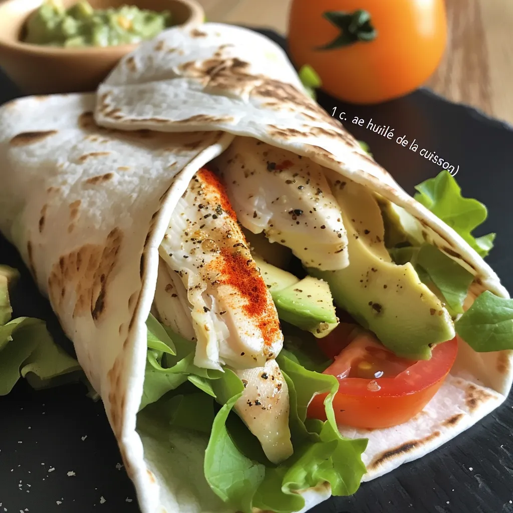 A delicious wrap filled with chicken, avocado slices, and fresh greens, viewed from the side.