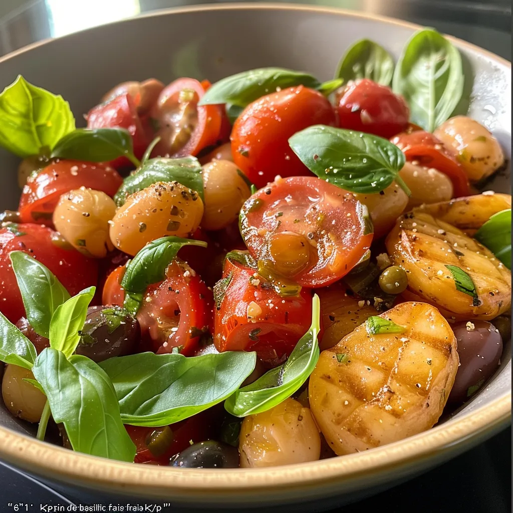 Close-up view of a summer bowl with fresh vegetables and crispy camembert.
