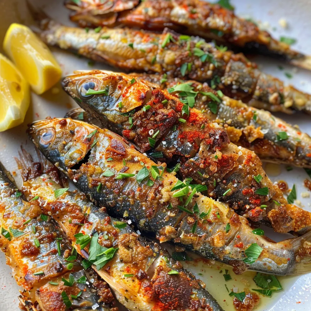 Close-up view of crispy fried sardines garnished with lemon wedges and parsley.