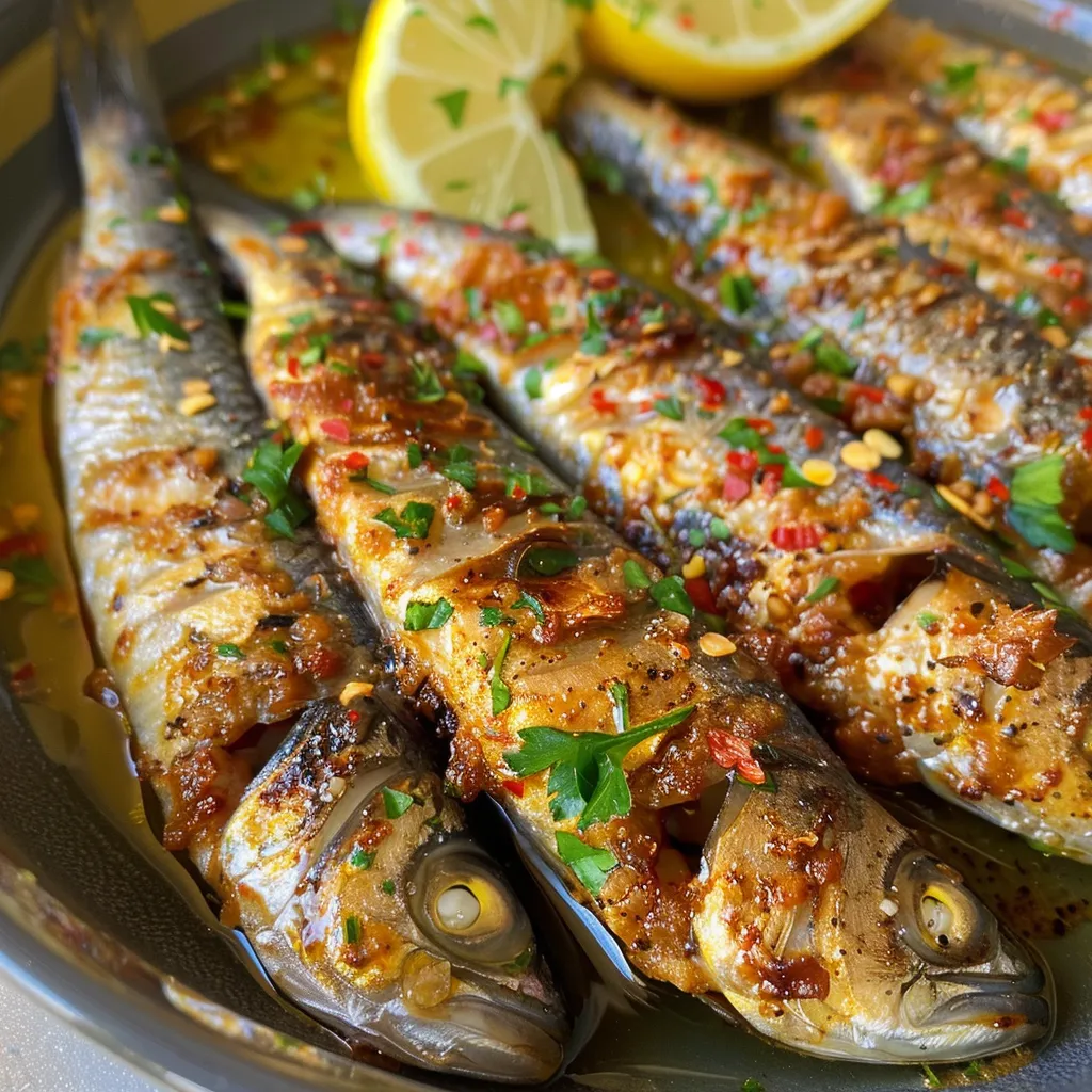 Side view of golden-brown sardines served with a smoky seasoning and citrus.