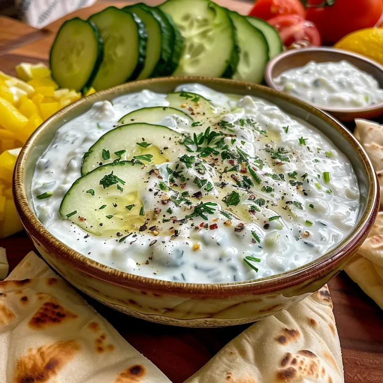Tzatziki express : la sauce qui sublime vos plats en un clin d’œil Close-up view of creamy tzatziki sauce in a bowl with fresh vegetables.