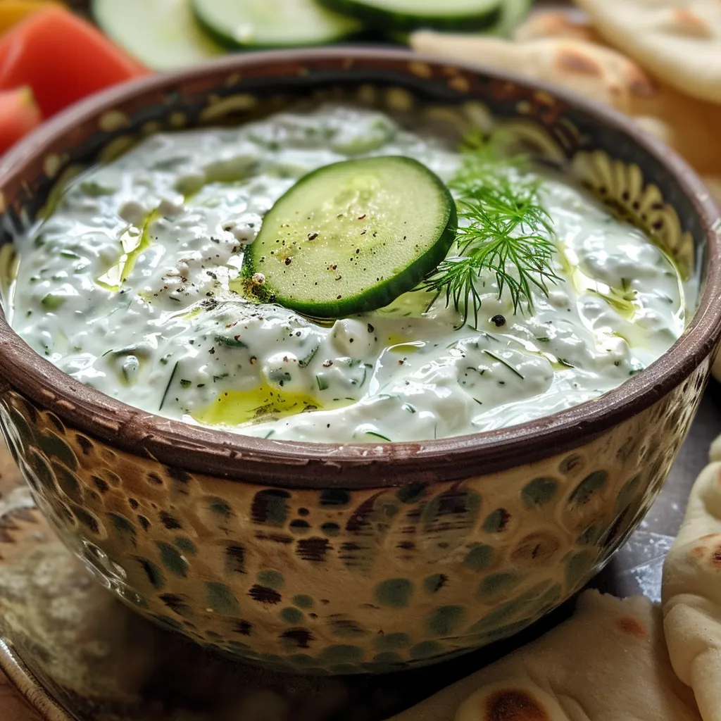 Side view of tzatziki sauce garnished with dill, served with pita bread.