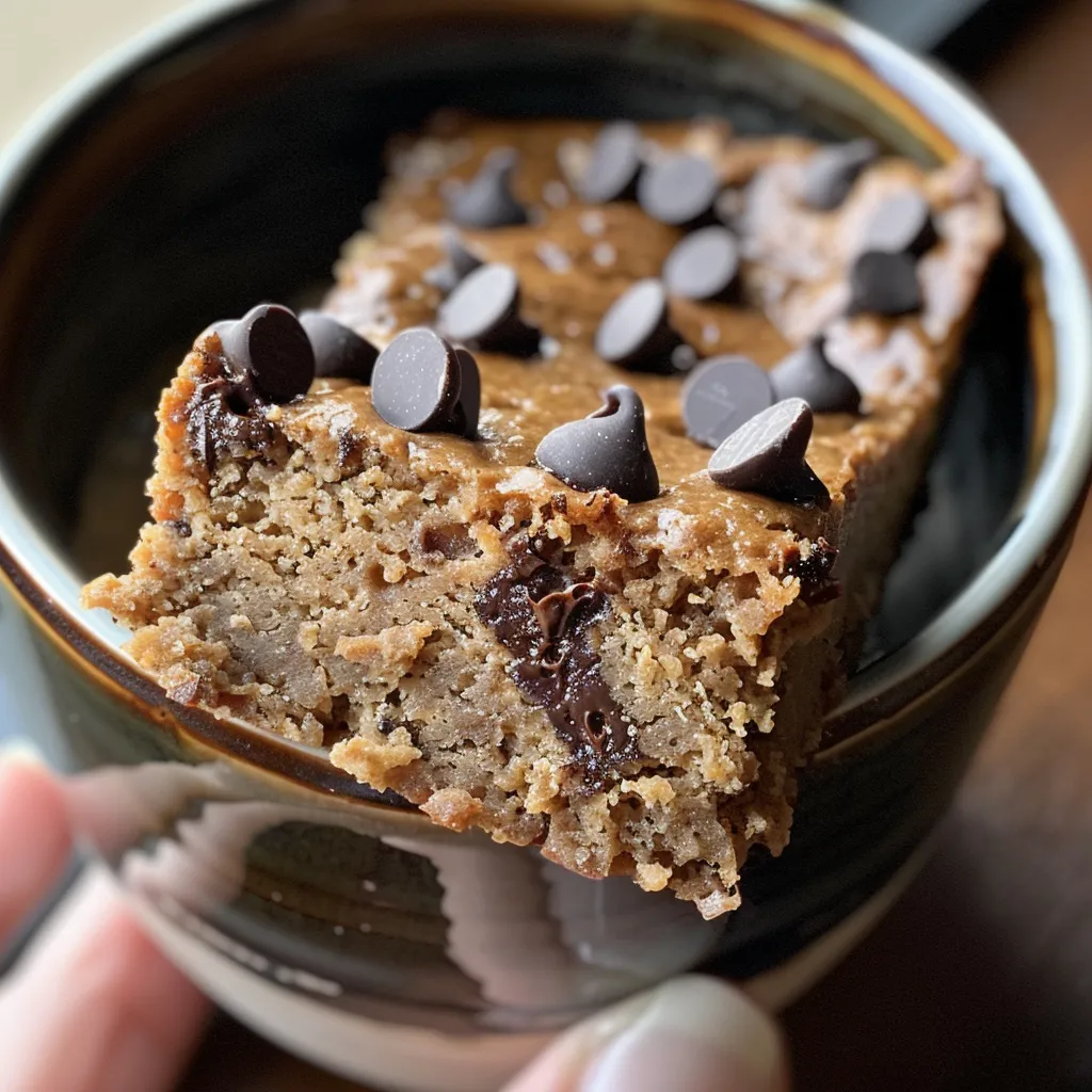 Close-up of a delectable mug cake, highlighting mini chocolate chips on top with a smooth surface.