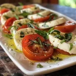 Close-up view of baked mozzarella with cherry tomatoes and garlic.