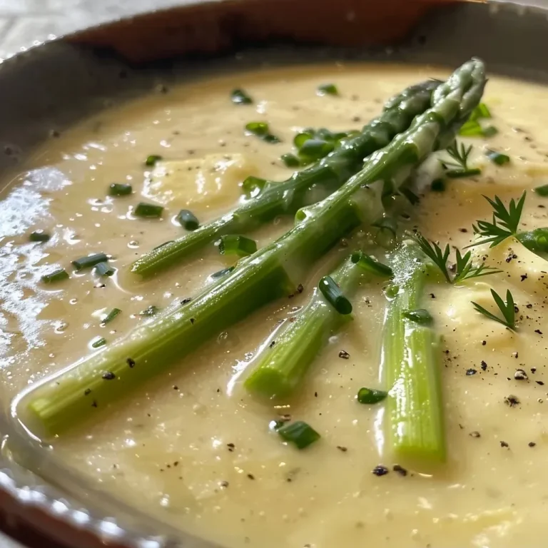 Un velouté d’asperges et burrata prêt en moins de 30 minutes Close-up view of a creamy asparagus velouté garnished with burrata cheese.