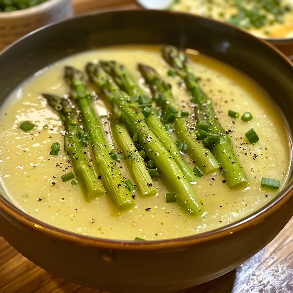 Side view of a smooth green asparagus soup topped with a small ball of burrata.