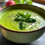 A close-up view of a vibrant green cold soup made from green beans.