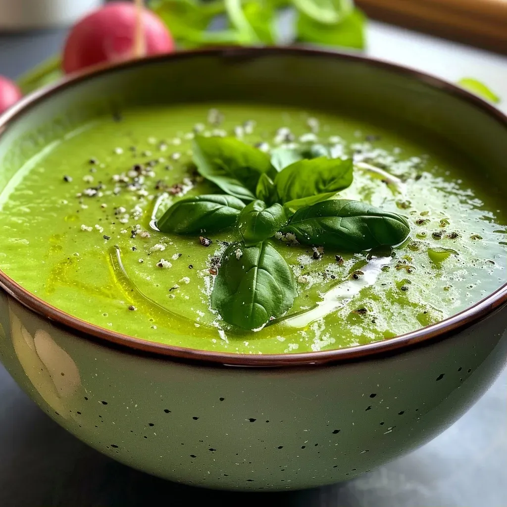 A close-up view of a vibrant green cold soup made from green beans.