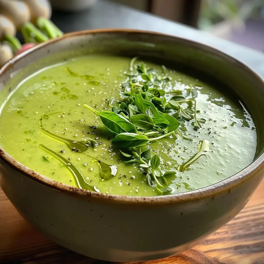 Side view of a creamy green velouté garnished with radishes and basil.