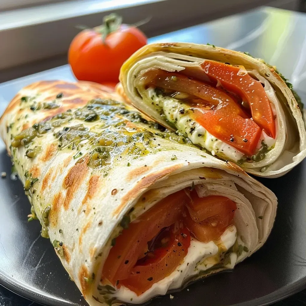 Close-up image of a mouth-watering wrap filled with artichoke, tomatoes, and mozzarella.
