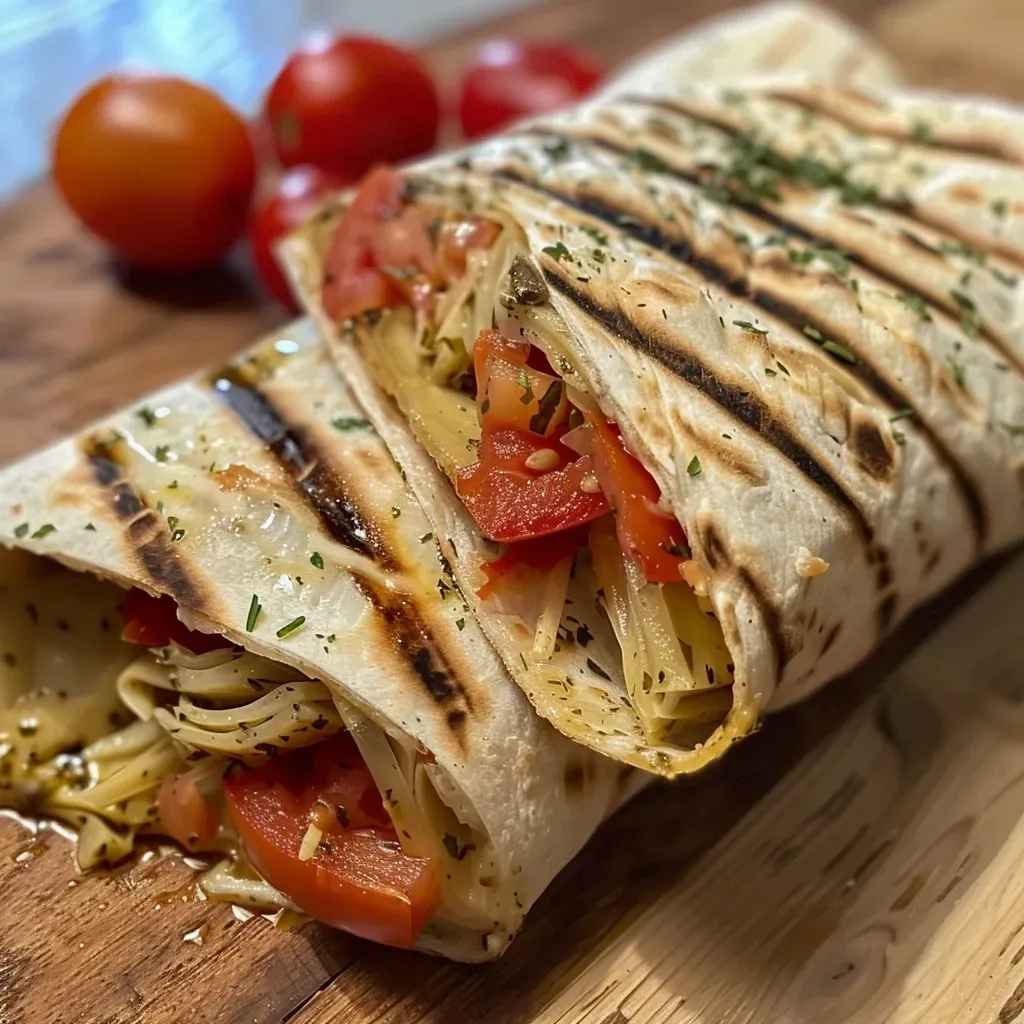 Side view of a delicious artichoke wrap showcasing its fresh ingredients.