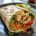 Close-up view of a juicy wrap au thon filled with vegetables, served on a plate.