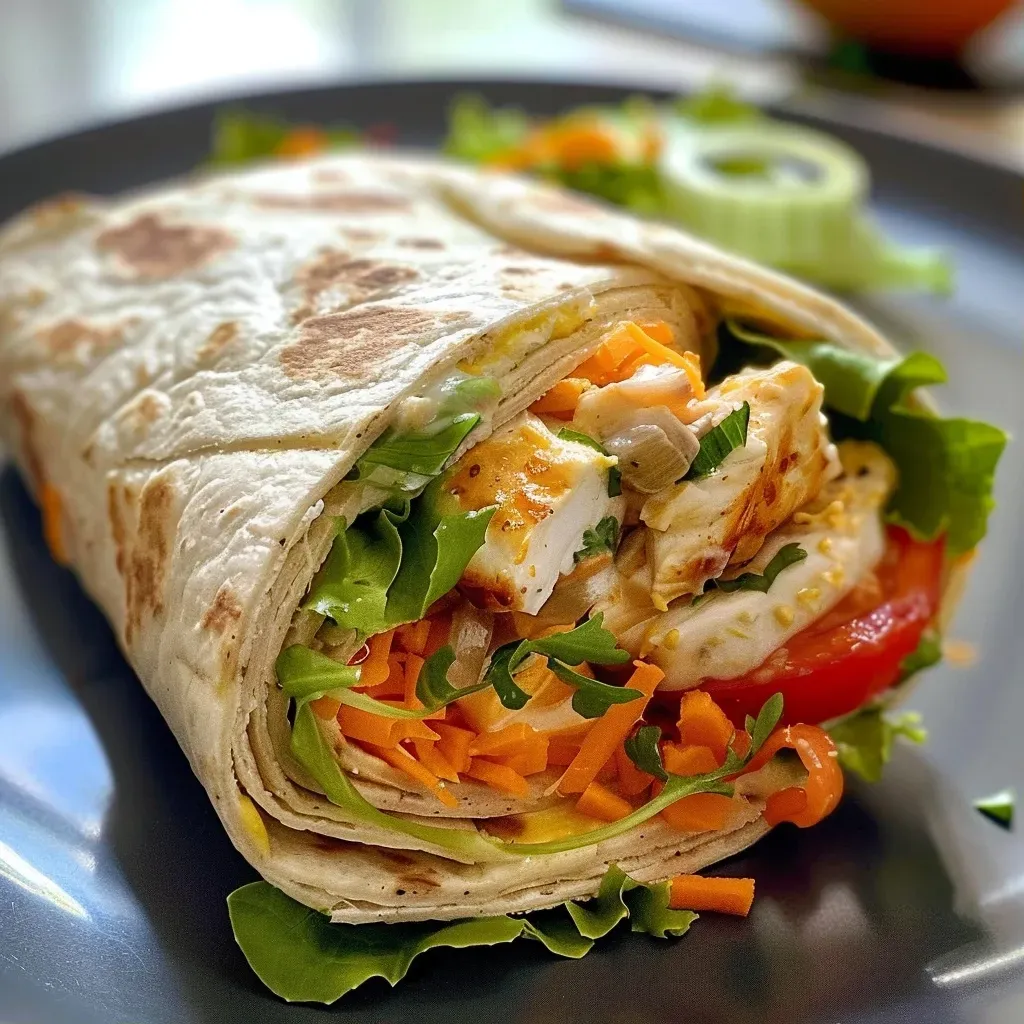 Close-up view of a juicy wrap au thon filled with vegetables, served on a plate.