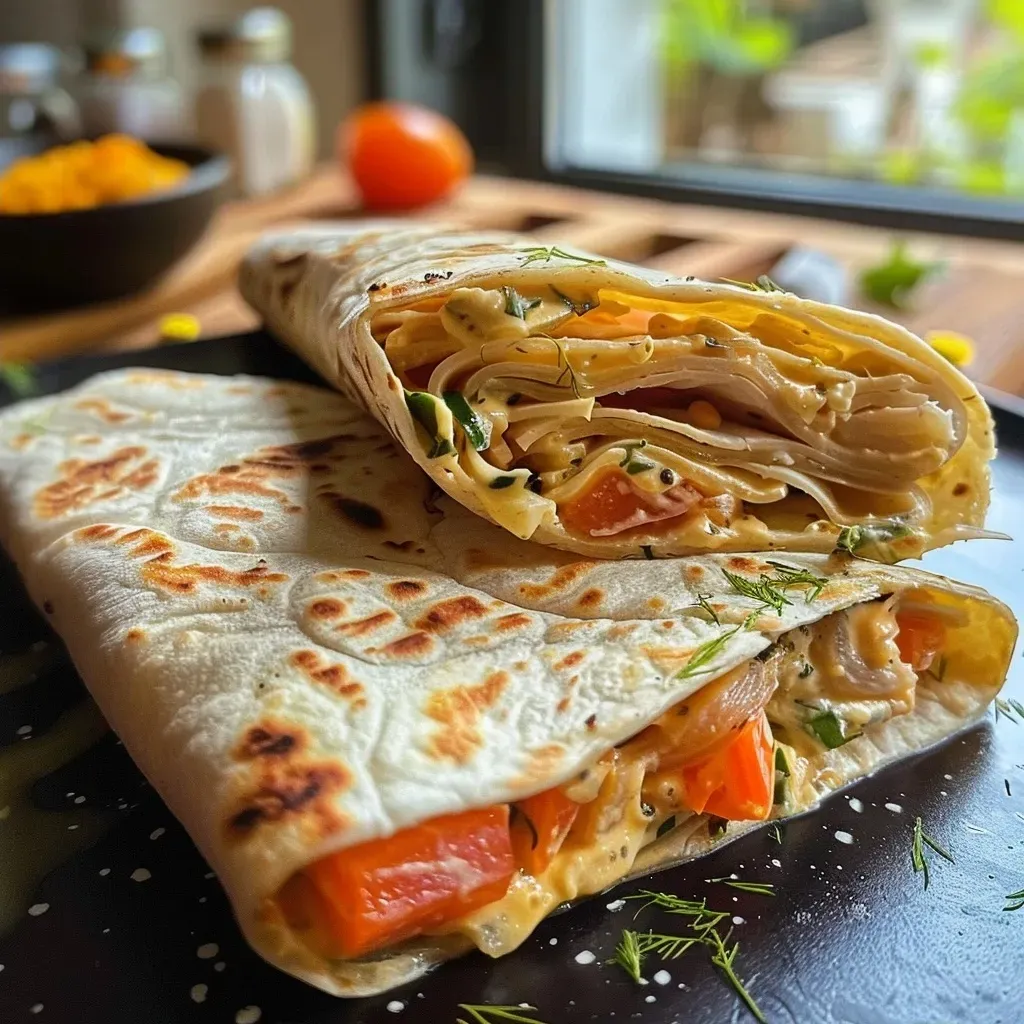 Side view of a delicious tuna wrap with fresh ingredients like lettuce, carrot, and cucumber.