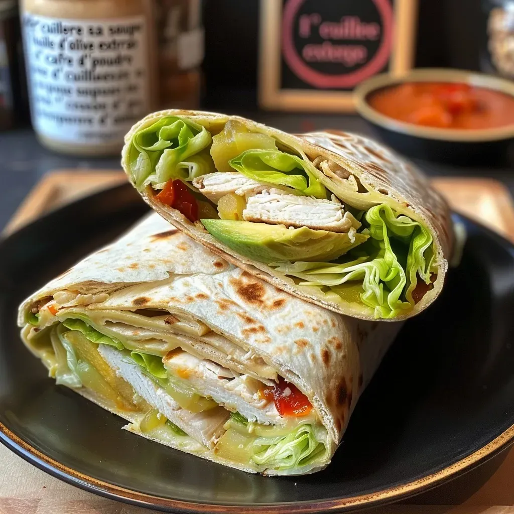A delicious chicken and avocado wrap with fresh ingredients visible.