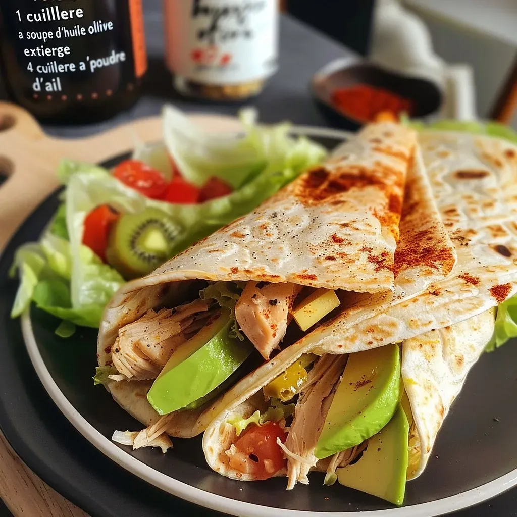 Close-up of a juicy wrap filled with chicken, avocado, and vegetables.