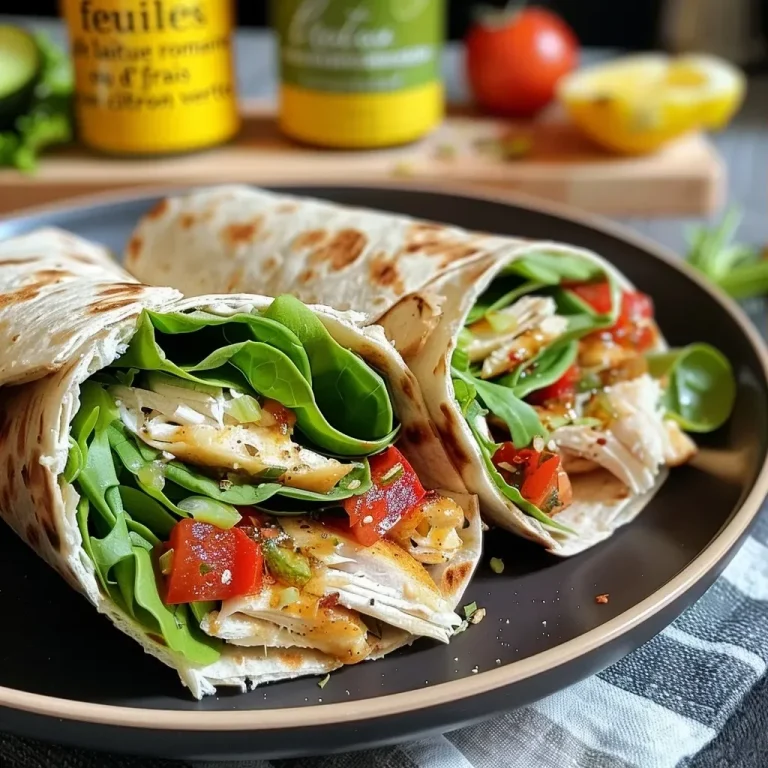 Close-up view of a healthy chicken wrap with fresh ingredients on a wooden surface.