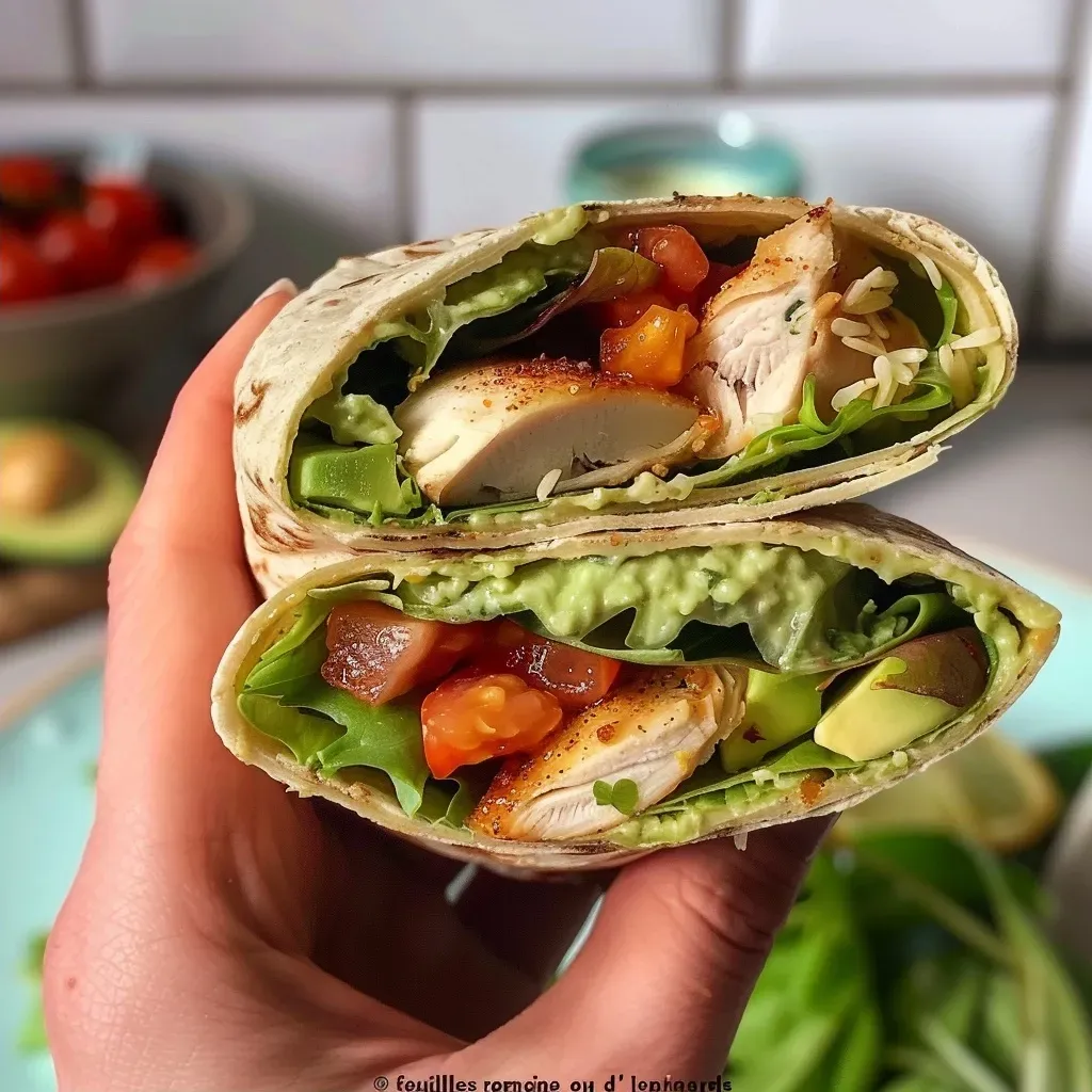 Side angle shot of a delicious chicken wrap, showcasing vibrant vegetables and tortillas.