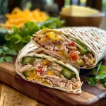 Close-up view of an Air Fryer Tuna Melt Wrap, showing melted cheese and a crispy tortilla.