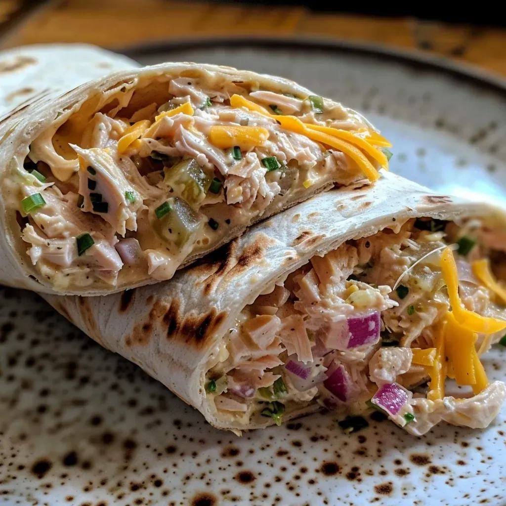 Side angle photo of a juicy tuna melt wrap, highlighting ingredients like tuna and cheddar.