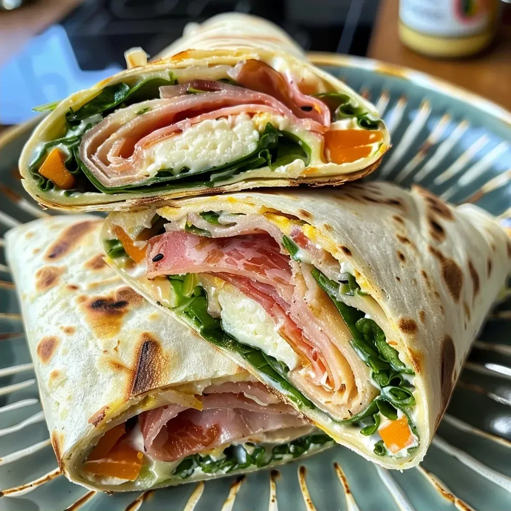 Juicy beet wraps showcasing colorful ingredients like cheese, ham, and shredded carrots.
