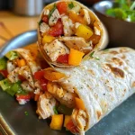 Close-up view of a juicy chicken wrap filled with colorful diced peppers.