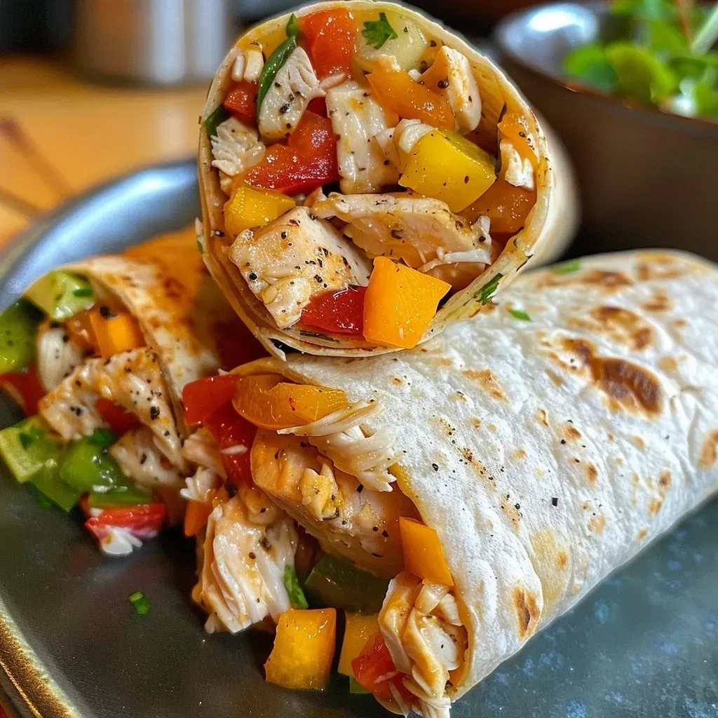 Close-up view of a juicy chicken wrap filled with colorful diced peppers.