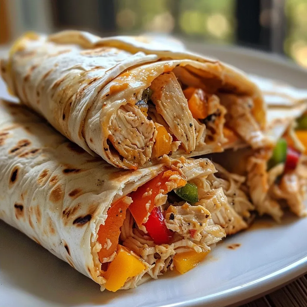 Side angle of a chicken wrap showcasing its fresh ingredients and soft tortilla.