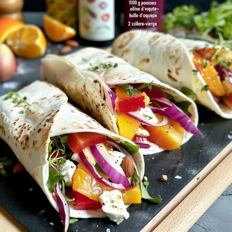 Wraps Croquants aux Pêches : la recette rapide qui change tout ! Close-up view of a peach, feta, and walnut wrap garnished with fresh spinach.