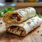 Close-up view of a wrap filled with goat cheese and chorizo, garnished with greens.