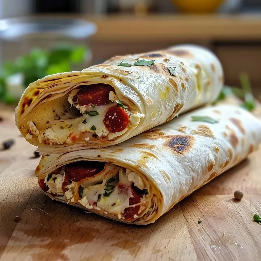 Close-up view of a wrap filled with goat cheese and chorizo, garnished with greens.