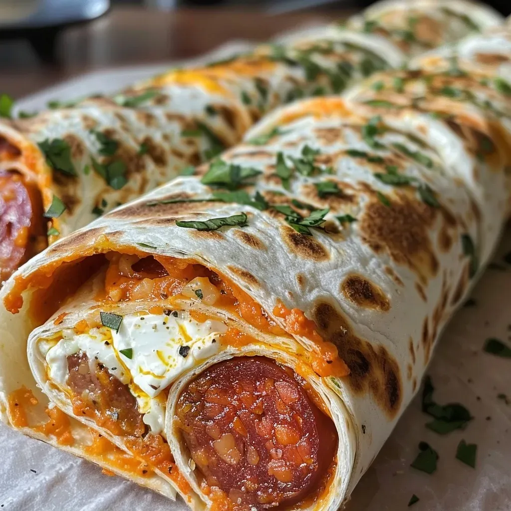 Side view of a juicy wrap showcasing ingredients like goat cheese and chorizo with lettuce.