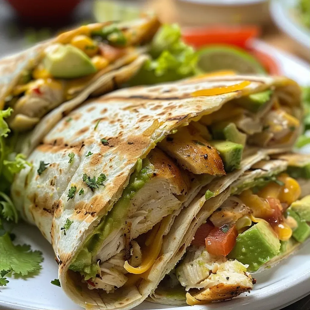 Close-up of a crispy chicken avocado wrap filled with fresh ingredients.