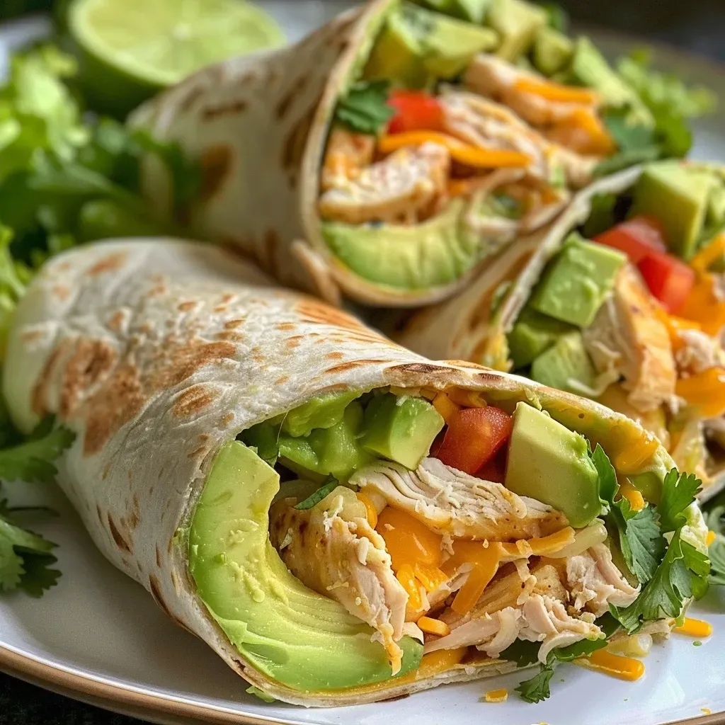 Side view of a juicy chicken and avocado wrap on a plate, garnished with cilantro.