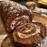 Gros plan d'une bûche de Noël au chocolat avec décoration festive.
