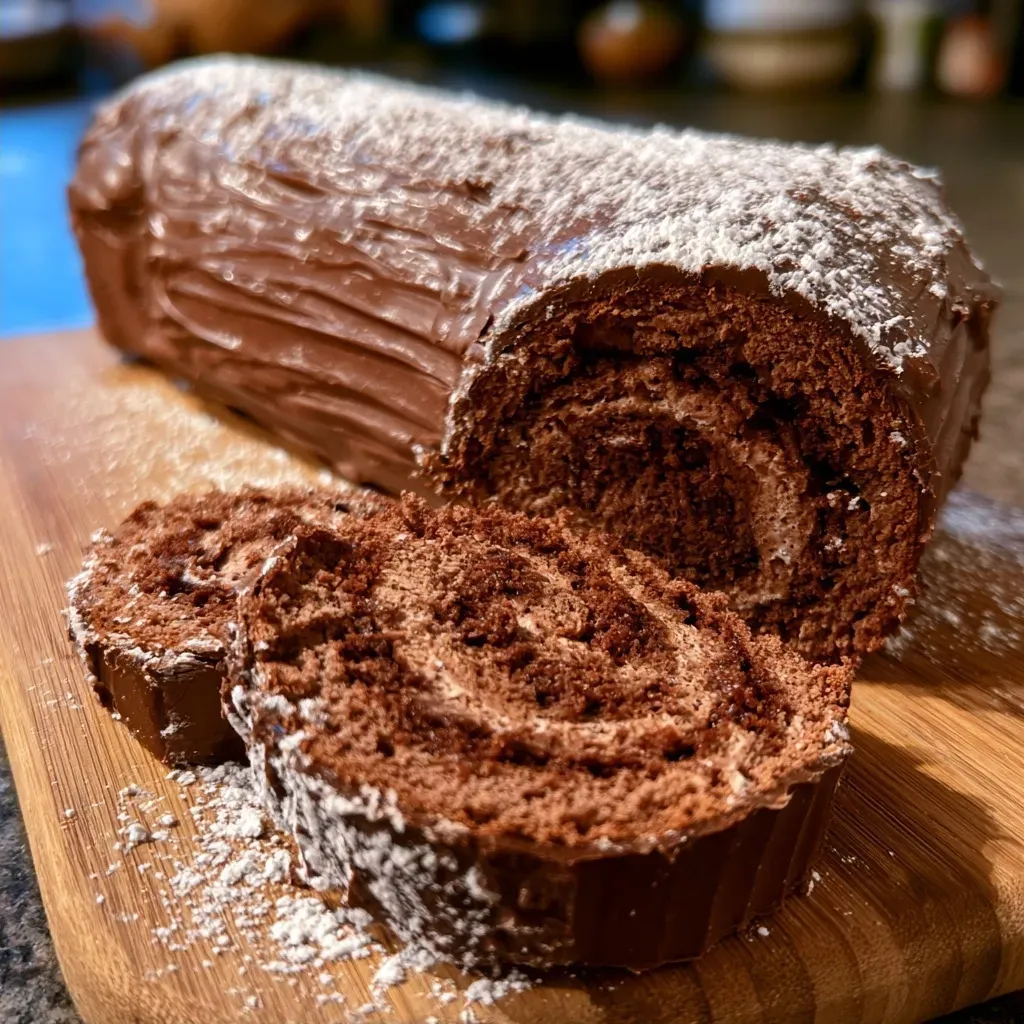 Bûche de Noël chocolatée présentée sur une assiette élégante.