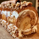 Gros plan d'une bûche façon Nina Métayer avec des pommes et du caramel.