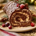 Gros plan d'une bûche légère de Noël avec une garniture crémeuse.
