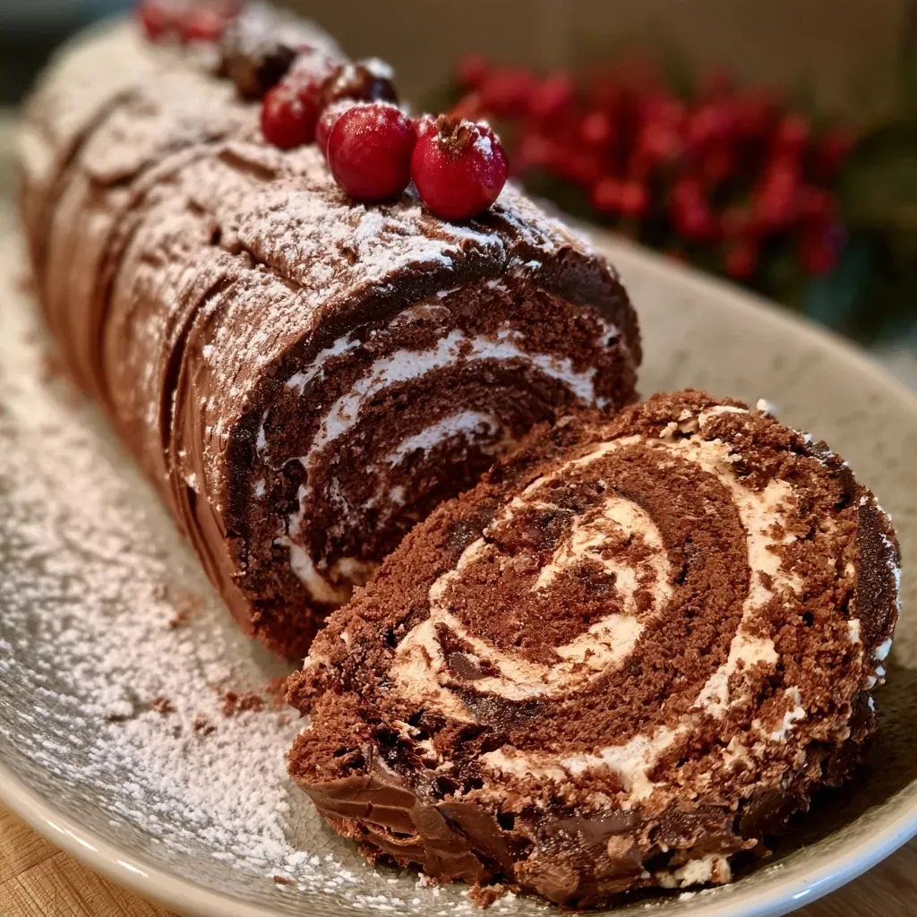 Vue latérale d'une bûche de Noël décorée de chocolat et de crème.