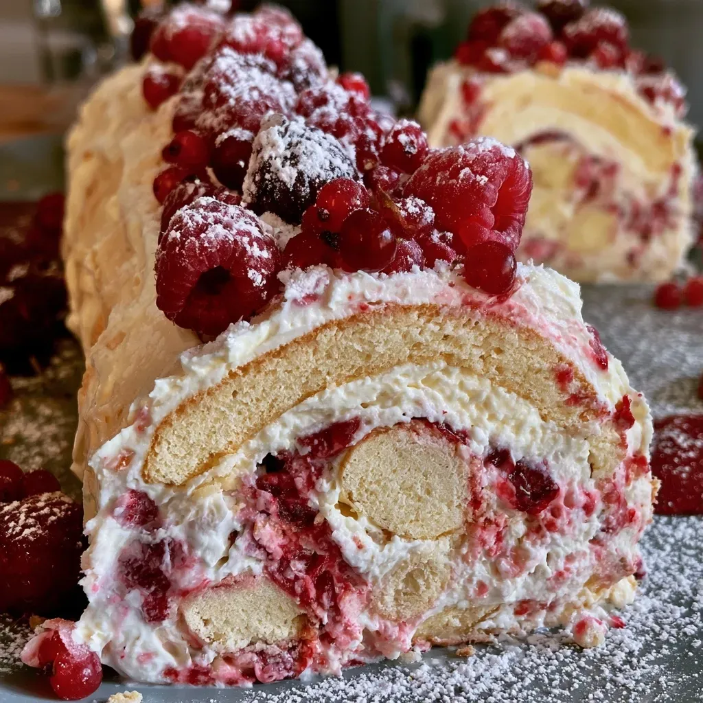 Gros plan d'une bûche sans cuisson garnie de fruits rouges.