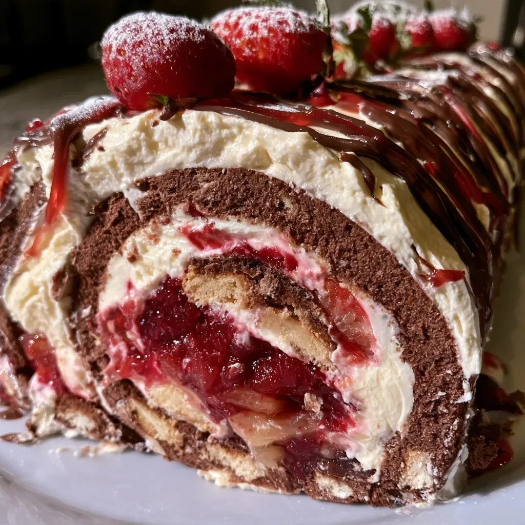 Bûche au mascarpone et biscuits, vue de côté avec une présentation festive.