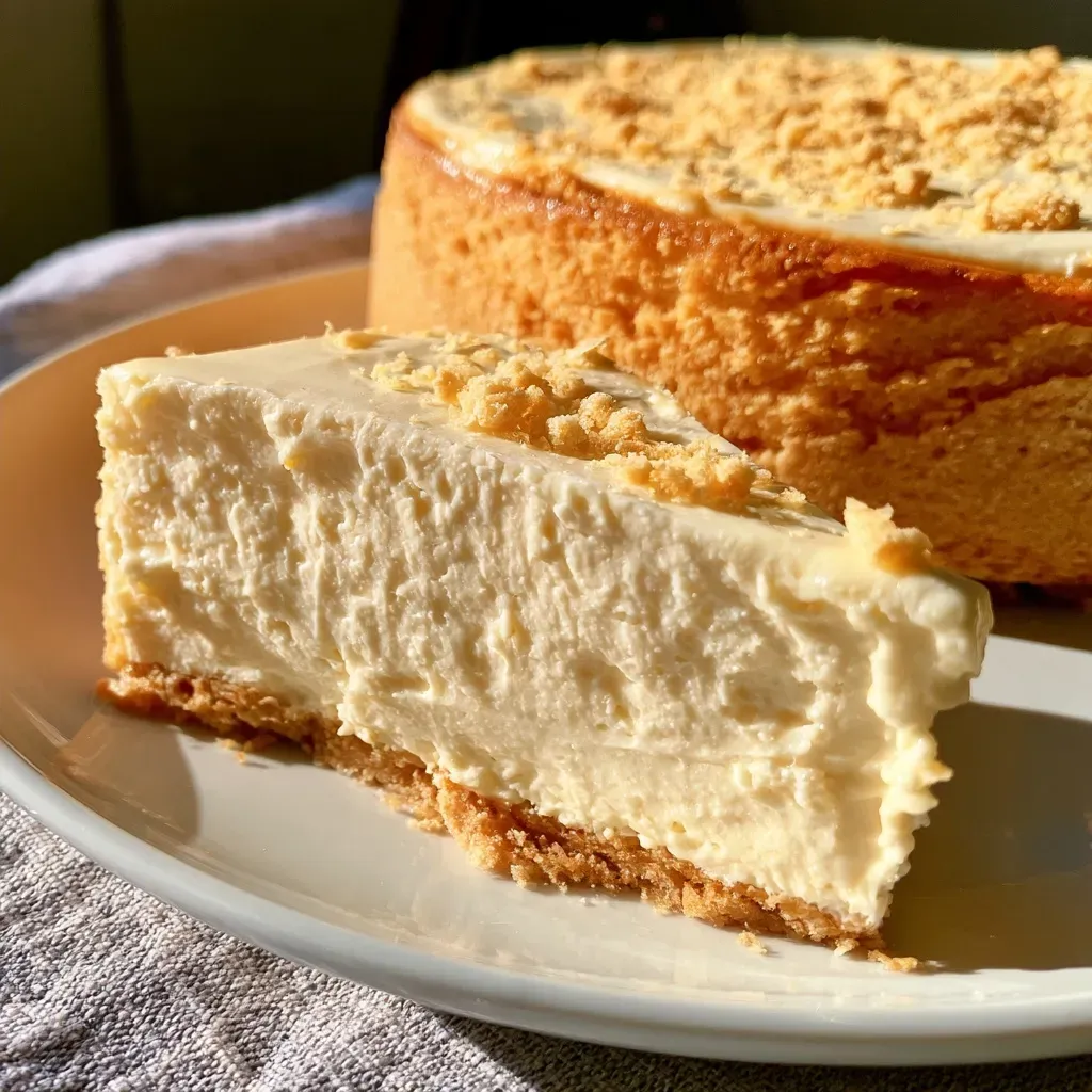 Vue latérale d'un cheesecake sans cuisson avec une croûte dorée.