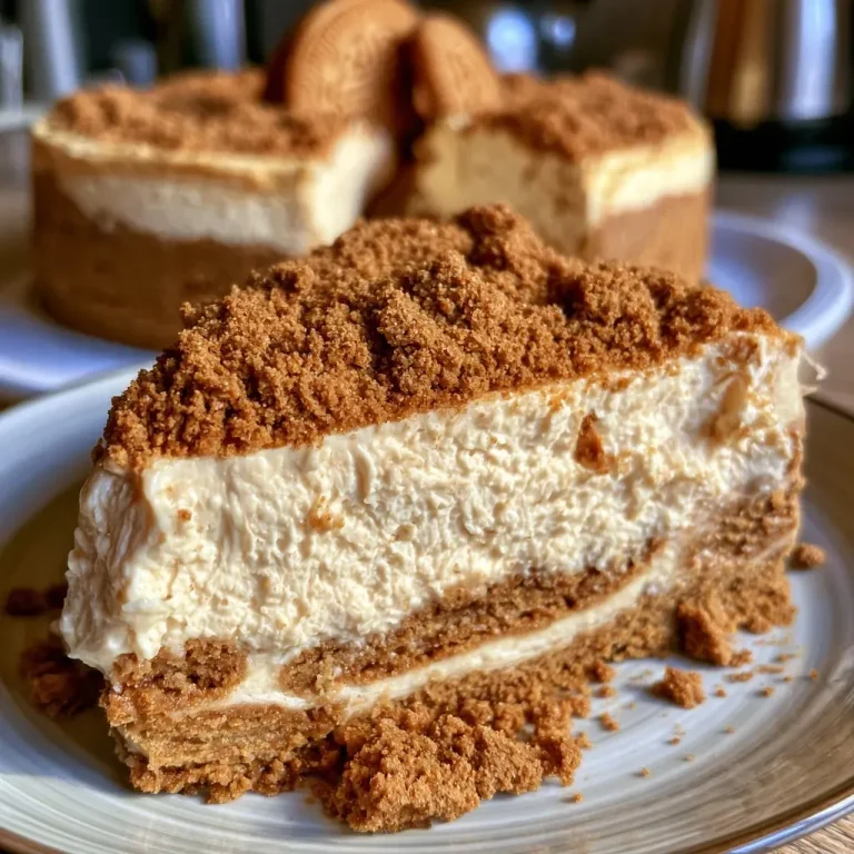 Le cheesecake spéculoos express qui va régaler vos invités Gros plan d'un cheesecake spéculoos avec des biscuits sur le dessus.