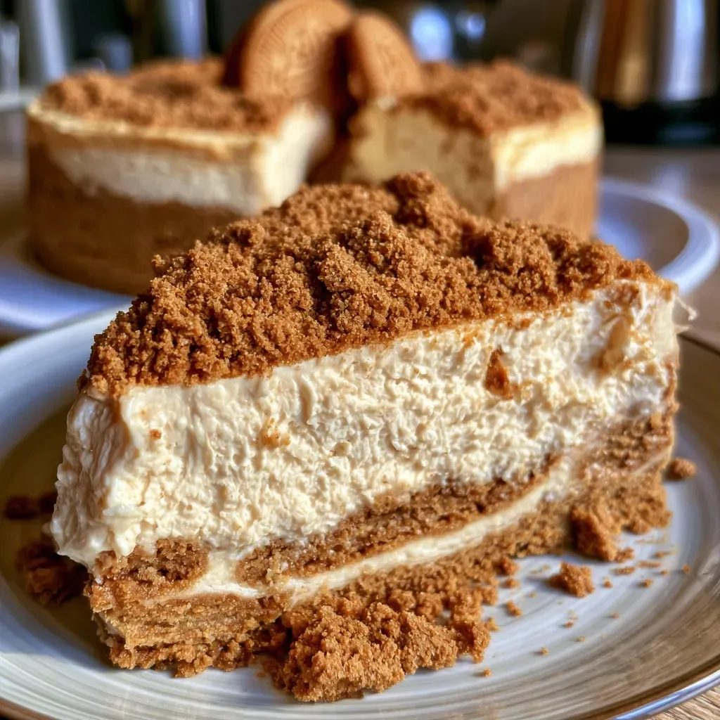 Gros plan d'un cheesecake spéculoos avec des biscuits sur le dessus.