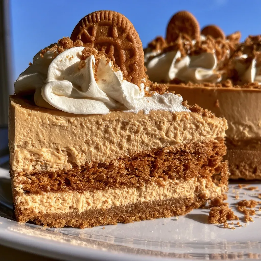 Vue latérale d'un cheesecake crémeux, décoré de biscuits spéculoos.