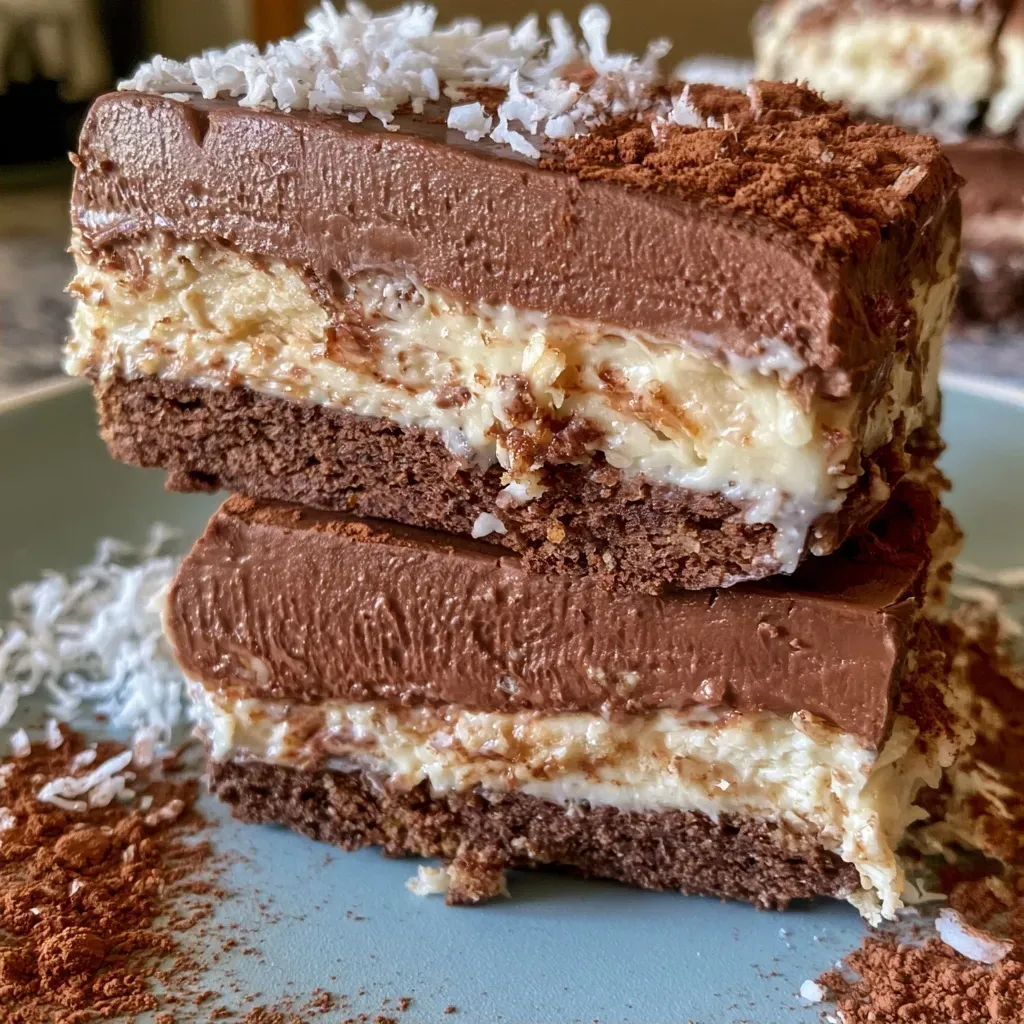 Vue latérale d'un dessert sans cuisson, superposé avec des couches de chocolat et de noix de coco.